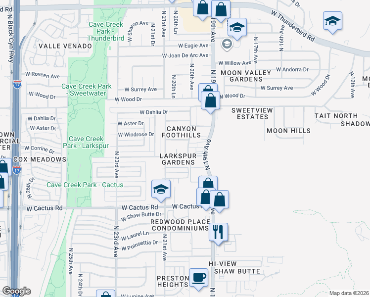 map of restaurants, bars, coffee shops, grocery stores, and more near 12601 North 20th Drive in Phoenix