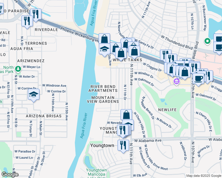map of restaurants, bars, coffee shops, grocery stores, and more near 12642 North 113th Avenue in Youngtown