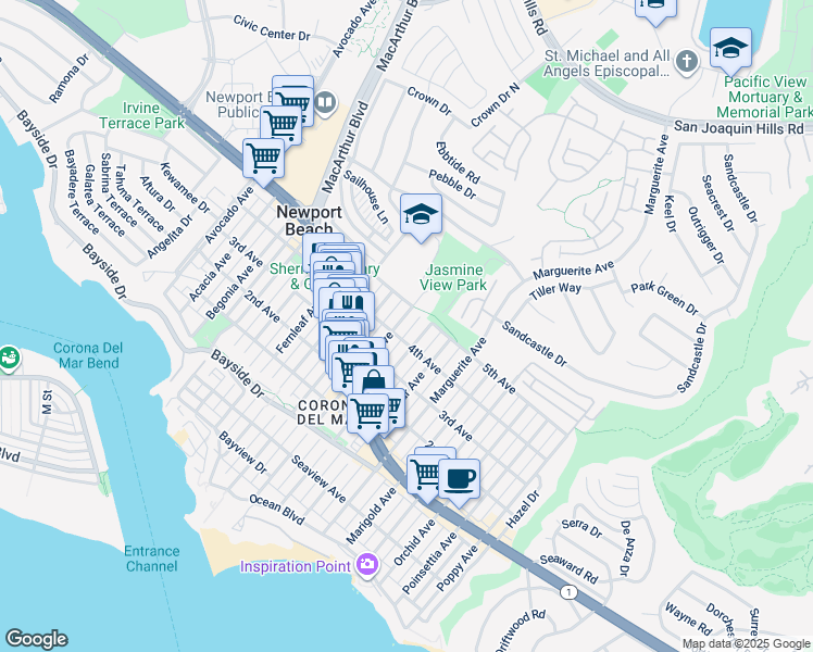 map of restaurants, bars, coffee shops, grocery stores, and more near 621 Jasmine Avenue in Newport Beach