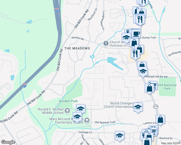 map of restaurants, bars, coffee shops, grocery stores, and more near 5709 Old Carriage Drive in College Park