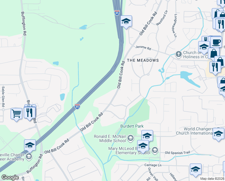 map of restaurants, bars, coffee shops, grocery stores, and more near 5685 Old Bill Cook Road in Atlanta