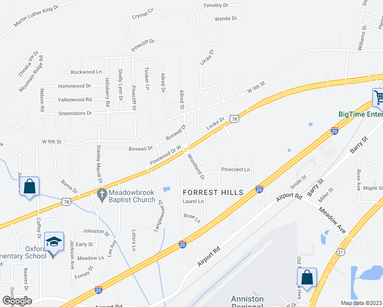 map of restaurants, bars, coffee shops, grocery stores, and more near 1201 Woodland Drive in Oxford