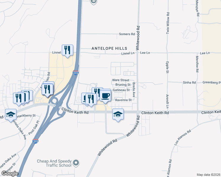map of restaurants, bars, coffee shops, grocery stores, and more near 35731 Gatineau Street in Murrieta