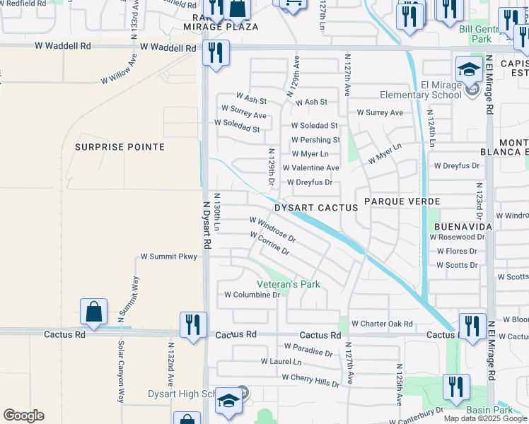map of restaurants, bars, coffee shops, grocery stores, and more near 12905 West Aster Drive in El Mirage