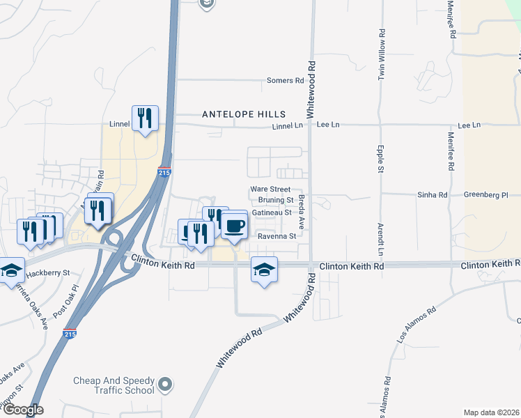map of restaurants, bars, coffee shops, grocery stores, and more near 28320 Gatineau Street in Murrieta