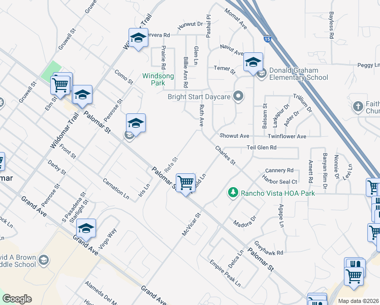map of restaurants, bars, coffee shops, grocery stores, and more near 32245 Refa Street in Wildomar