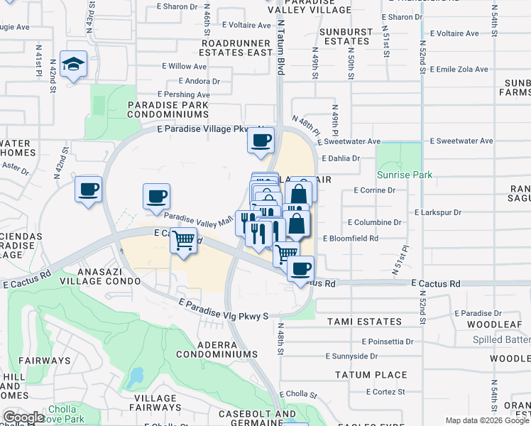 map of restaurants, bars, coffee shops, grocery stores, and more near 12260 East Larkspur Drive in Scottsdale