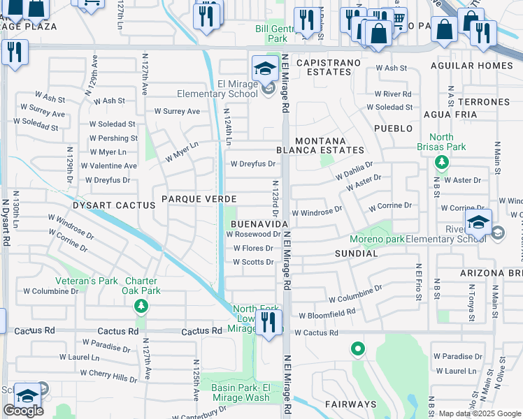 map of restaurants, bars, coffee shops, grocery stores, and more near 12321 West Windrose Drive in El Mirage