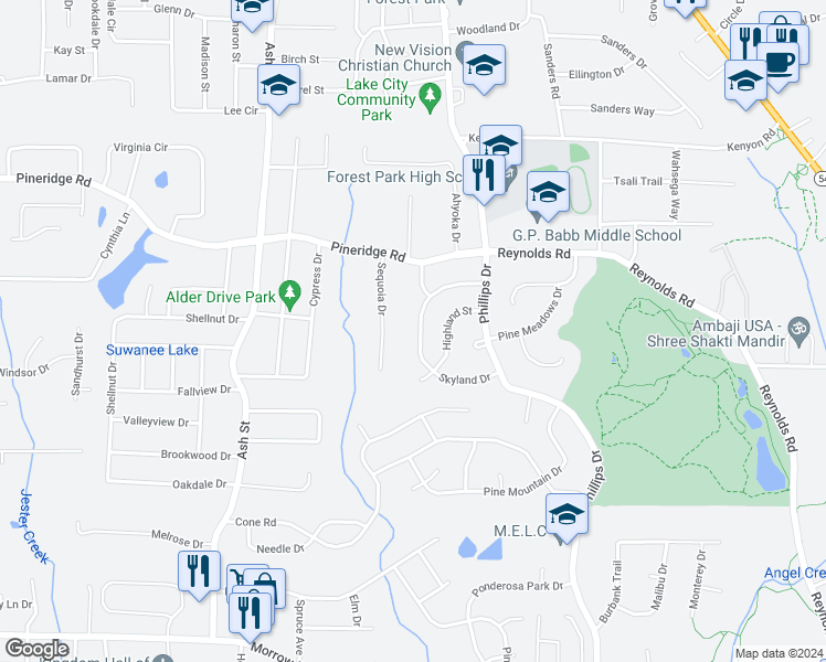 map of restaurants, bars, coffee shops, grocery stores, and more near 5625 Skyland Drive in Forest Park