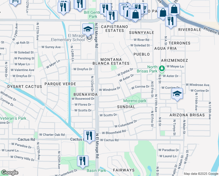 map of restaurants, bars, coffee shops, grocery stores, and more near 12216 West Windrose Drive in El Mirage