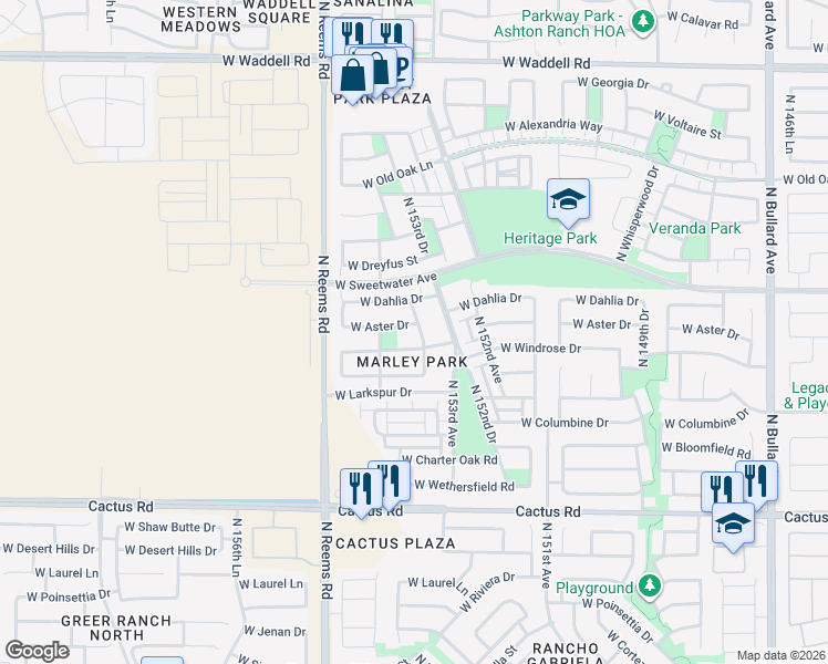 map of restaurants, bars, coffee shops, grocery stores, and more near 15351 West Aster Drive in Surprise