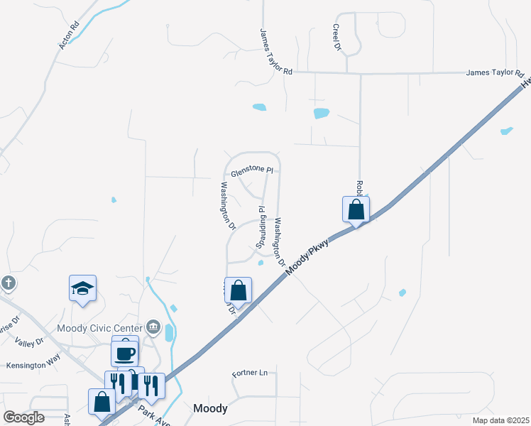 map of restaurants, bars, coffee shops, grocery stores, and more near 2208 Spaulding Place in Moody