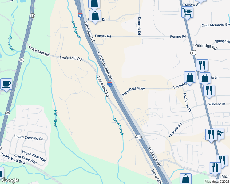 map of restaurants, bars, coffee shops, grocery stores, and more near Interstate 75 in GILLEM ENCLAVE