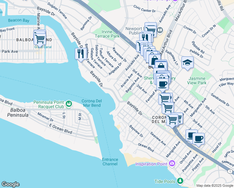 map of restaurants, bars, coffee shops, grocery stores, and more near 2220 Pacific Drive in Newport Beach