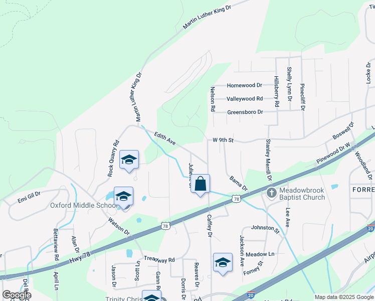 map of restaurants, bars, coffee shops, grocery stores, and more near 114 Edith Avenue in Oxford