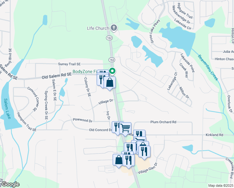 map of restaurants, bars, coffee shops, grocery stores, and more near 3214 Salem Cove Way Southeast in Conyers