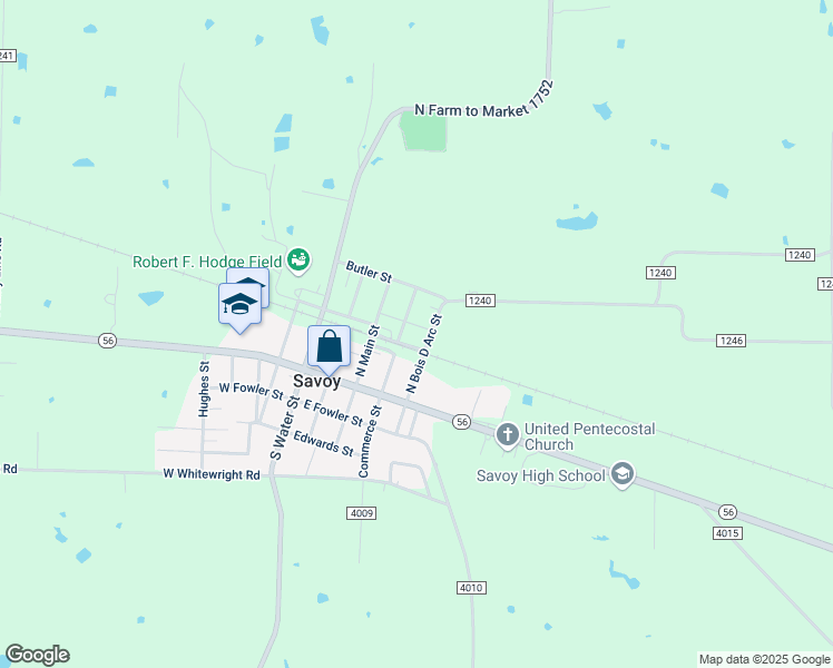 map of restaurants, bars, coffee shops, grocery stores, and more near 305 North Commerce in Savoy
