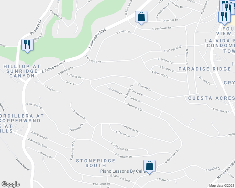 map of restaurants, bars, coffee shops, grocery stores, and more near 15555 East Cholla Drive in Fountain Hills