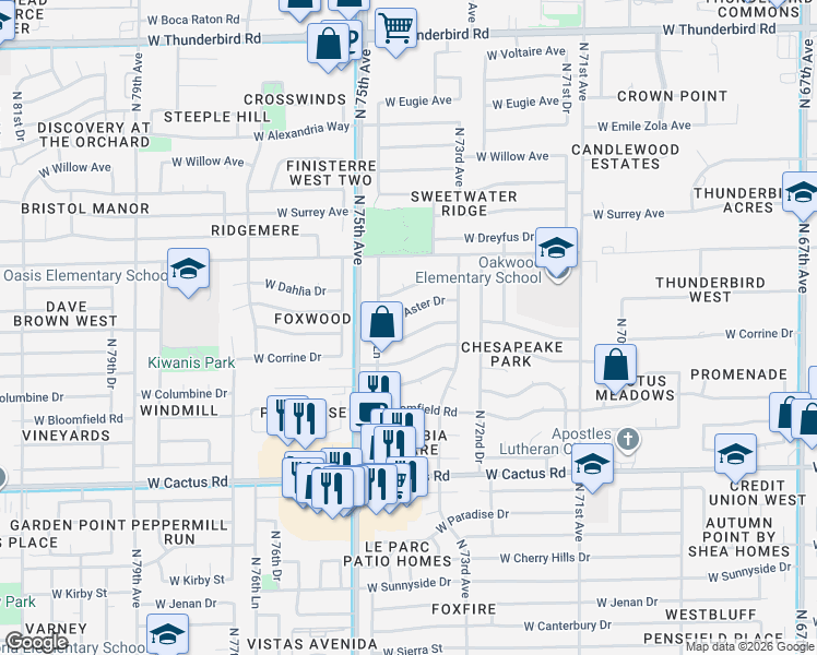 map of restaurants, bars, coffee shops, grocery stores, and more near 7338 West Aster Drive in Peoria