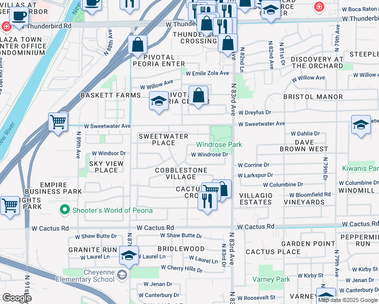 map of restaurants, bars, coffee shops, grocery stores, and more near 12732 North 84th Lane in Peoria