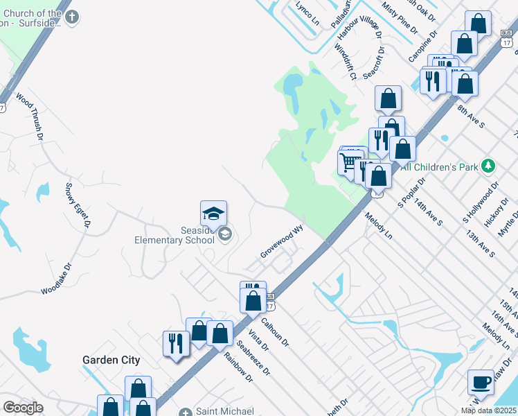 map of restaurants, bars, coffee shops, grocery stores, and more near 1515 Louise Costin Lane in Murrells Inlet