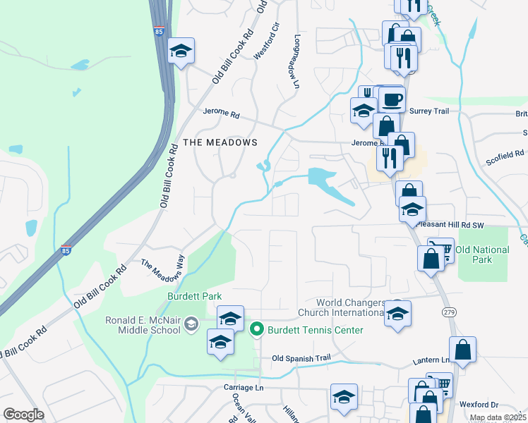 map of restaurants, bars, coffee shops, grocery stores, and more near 5843 3 Lakes Drive in College Park