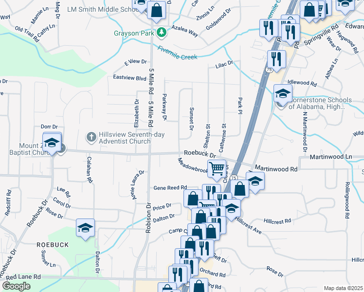 map of restaurants, bars, coffee shops, grocery stores, and more near 805 Meadowbrook Drive in Birmingham