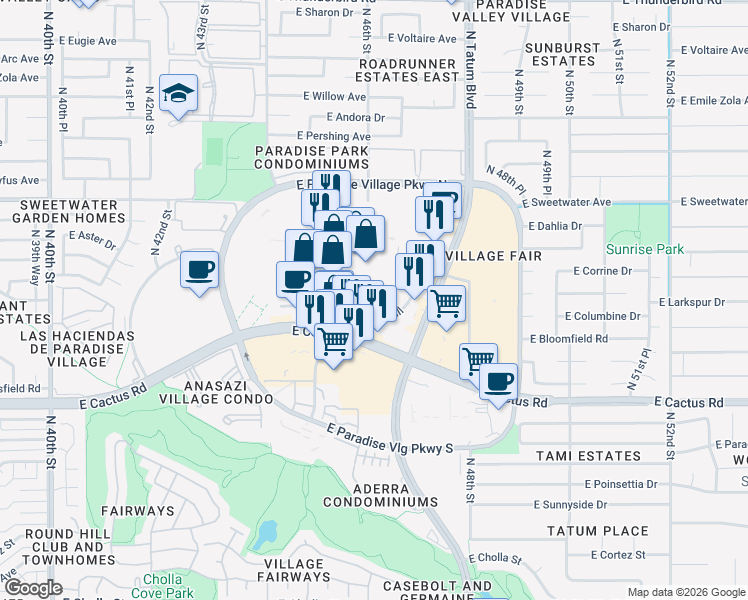 map of restaurants, bars, coffee shops, grocery stores, and more near 4568 E Cactus Rd in Phoenix
