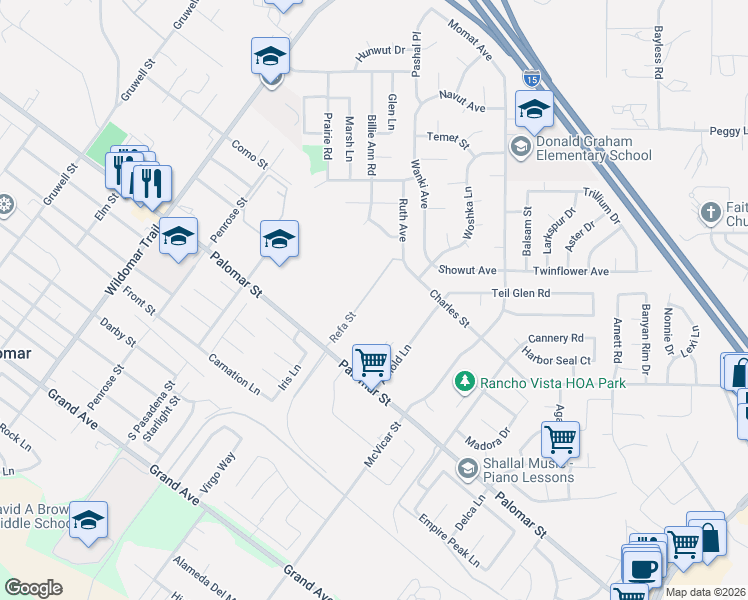 map of restaurants, bars, coffee shops, grocery stores, and more near 32245 Refa Street in Wildomar