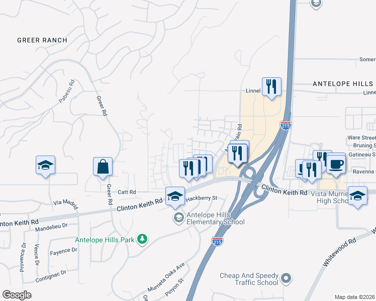 map of restaurants, bars, coffee shops, grocery stores, and more near 27424 Woburn Court in Murrieta
