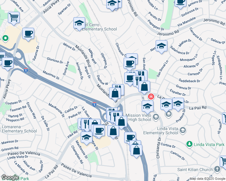 map of restaurants, bars, coffee shops, grocery stores, and more near 24841 Leto Circle in Mission Viejo