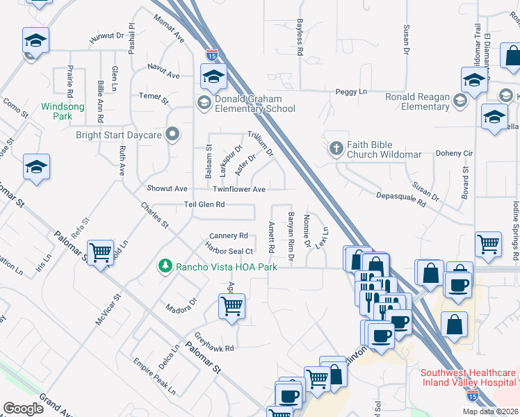 map of restaurants, bars, coffee shops, grocery stores, and more near 35786 Octopus Lane in Wildomar