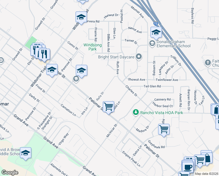 map of restaurants, bars, coffee shops, grocery stores, and more near 32245 Refa Street in Wildomar