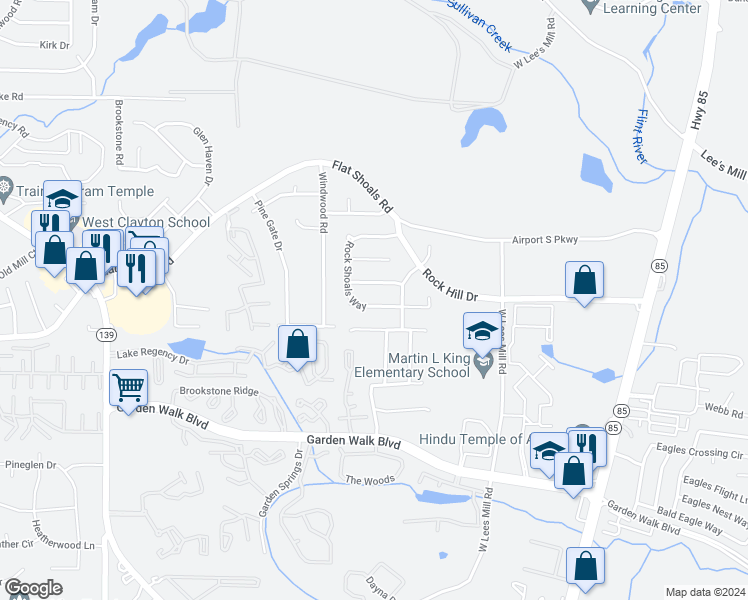map of restaurants, bars, coffee shops, grocery stores, and more near 5702 Rock Shoals Way in Atlanta