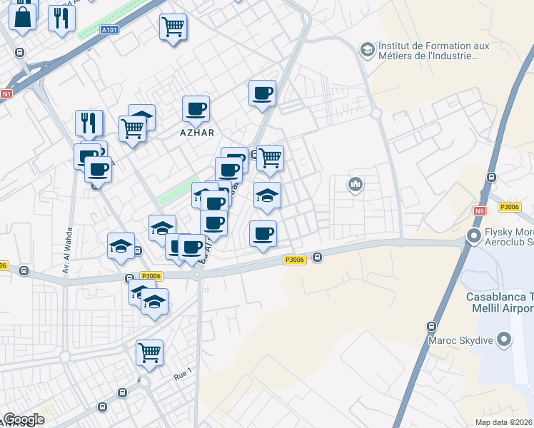 map of restaurants, bars, coffee shops, grocery stores, and more near Boulevard Al Maghrib Al Arabi in Casablanca
