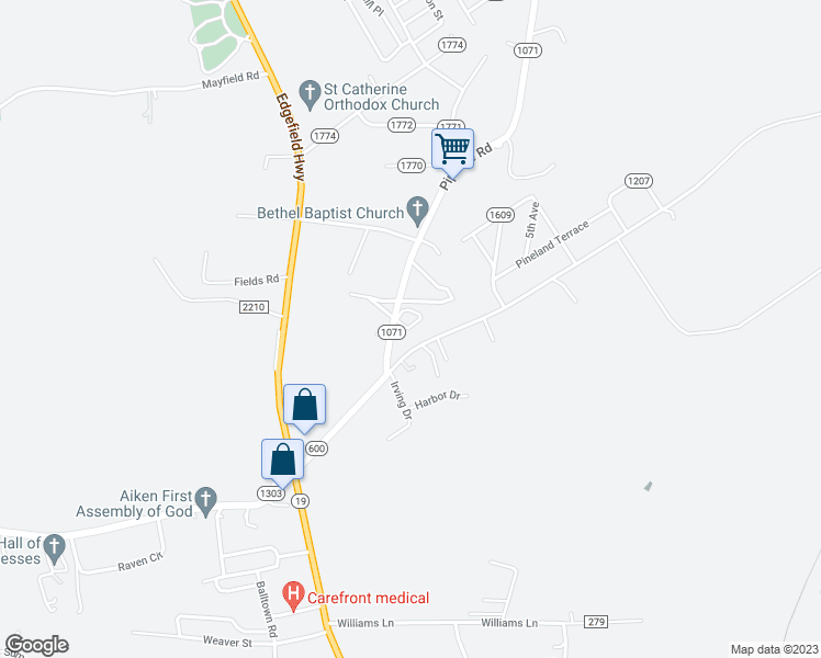 map of restaurants, bars, coffee shops, grocery stores, and more near 24 Dallas Circle in Aiken