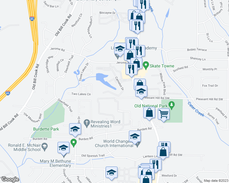 map of restaurants, bars, coffee shops, grocery stores, and more near 401 Camelot Drive in Atlanta