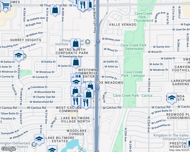 map of restaurants, bars, coffee shops, grocery stores, and more near North Black Canyon Highway in Phoenix