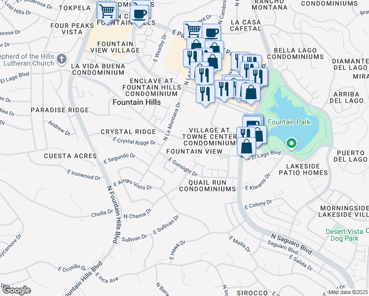 map of restaurants, bars, coffee shops, grocery stores, and more near 16631 East El Lago Boulevard in Fountain Hills