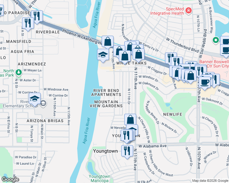 map of restaurants, bars, coffee shops, grocery stores, and more near 12811 North 113th Avenue in Youngtown