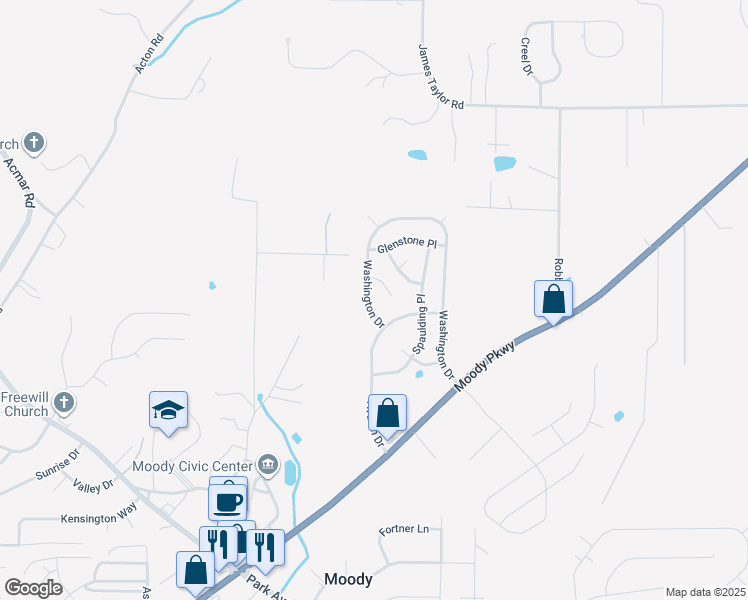 map of restaurants, bars, coffee shops, grocery stores, and more near in Moody