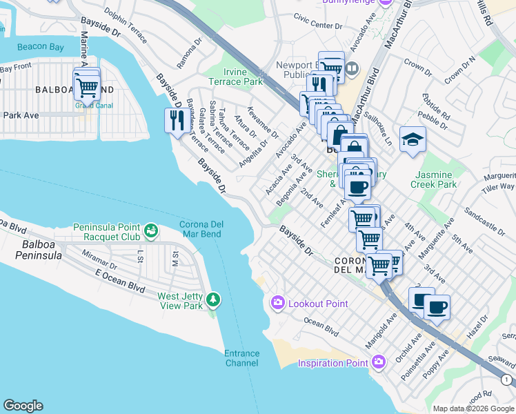 map of restaurants, bars, coffee shops, grocery stores, and more near 2235 Pacific Drive in Newport Beach