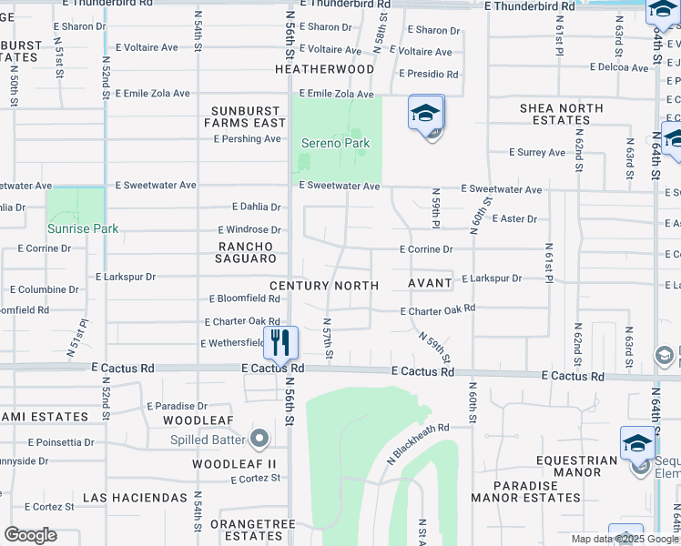 map of restaurants, bars, coffee shops, grocery stores, and more near 5638 East Sandy Lane in Scottsdale