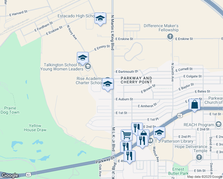 map of restaurants, bars, coffee shops, grocery stores, and more near 207 North Martin L King Boulevard in Lubbock