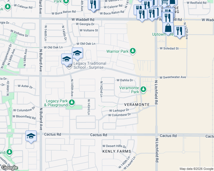 map of restaurants, bars, coffee shops, grocery stores, and more near 14239 West Dahlia Drive in Surprise