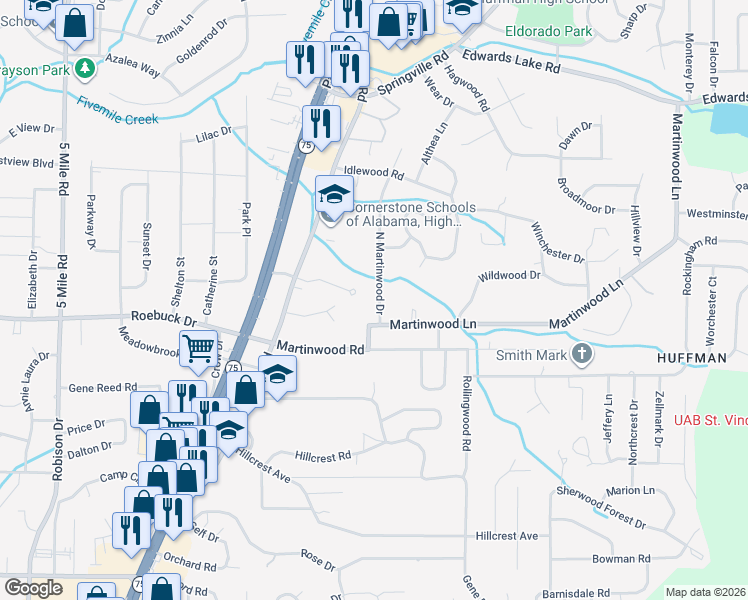 map of restaurants, bars, coffee shops, grocery stores, and more near 908 North Martinwood Drive in Birmingham