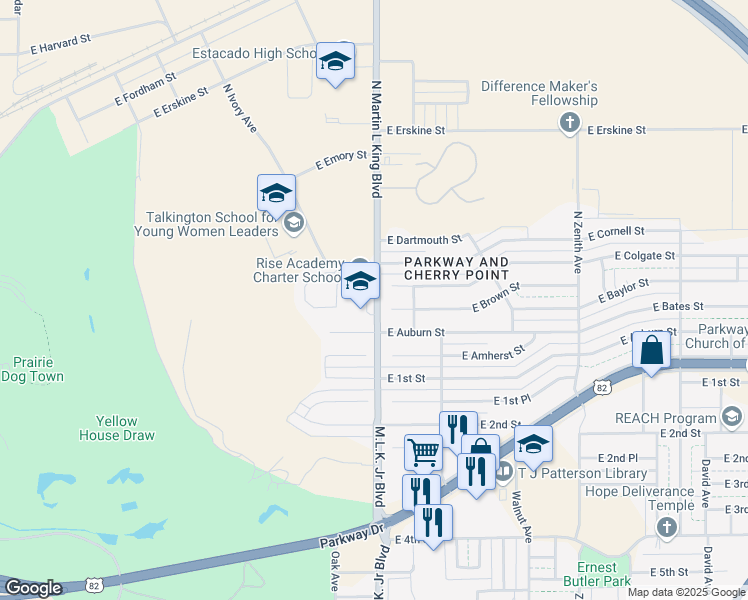 map of restaurants, bars, coffee shops, grocery stores, and more near 207 North Martin Luther King Boulevard in Lubbock