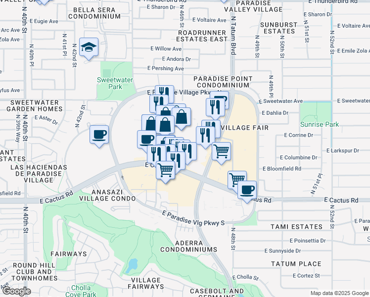 map of restaurants, bars, coffee shops, grocery stores, and more near 4568 E Cactus Rd in Phoenix
