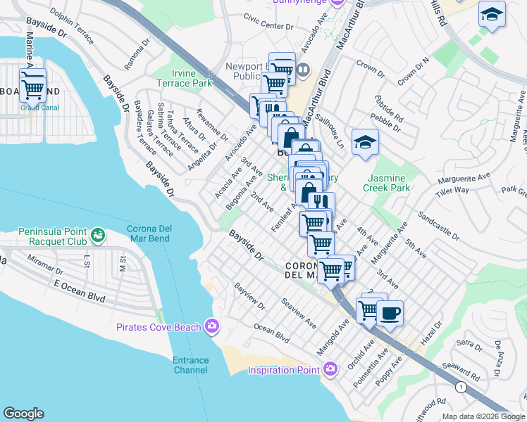 map of restaurants, bars, coffee shops, grocery stores, and more near 440 Carnation Avenue in Newport Beach