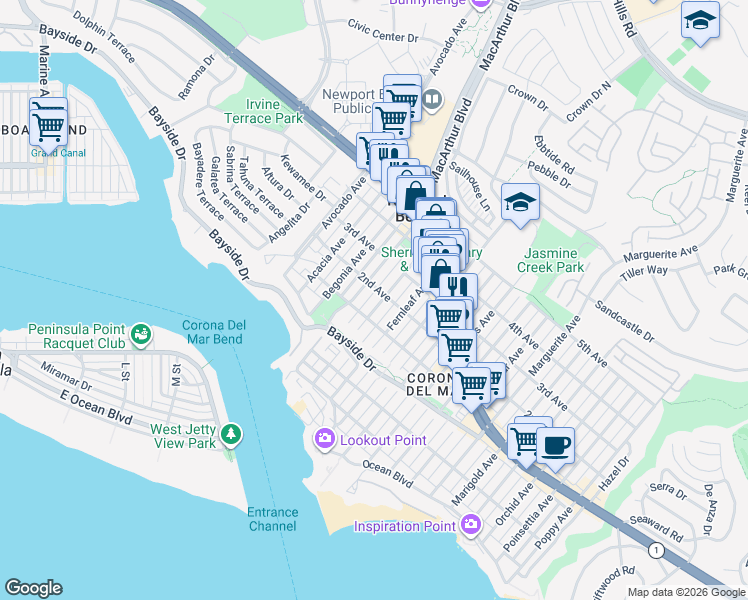 map of restaurants, bars, coffee shops, grocery stores, and more near 440 Carnation Avenue in Newport Beach